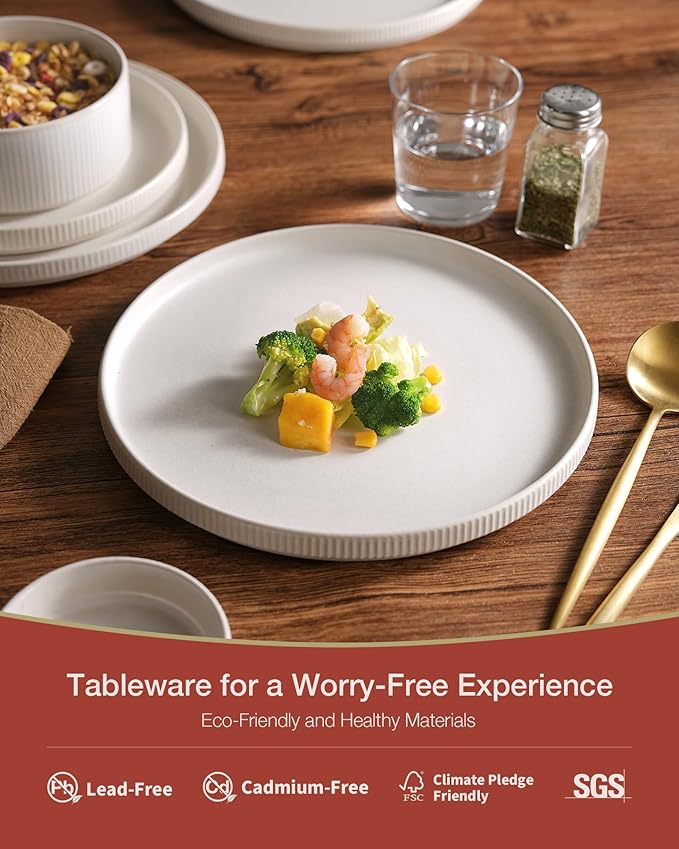 Famiware Star Dinnerware Sets, Plates and Bowls Set for 4, 12 Pieces Ribbed Dishes - Chip and Scratch Resistant, Microwave and Dishwasher Safe Tableware, Matte White