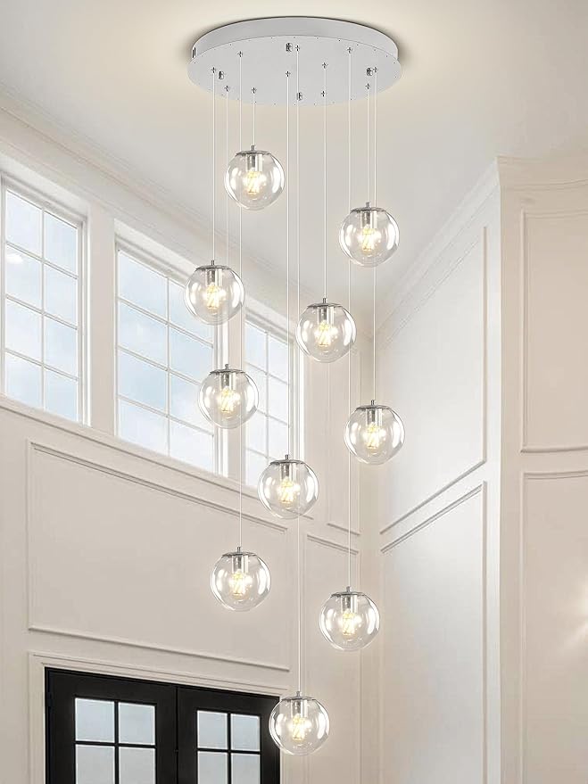 H118 Staircase Chandelier for Entryway Modern Globe Chandelier 12-Lights Glass Globe Pendant Light Large Chandeliers for High Ceiling Foyer Stairwell