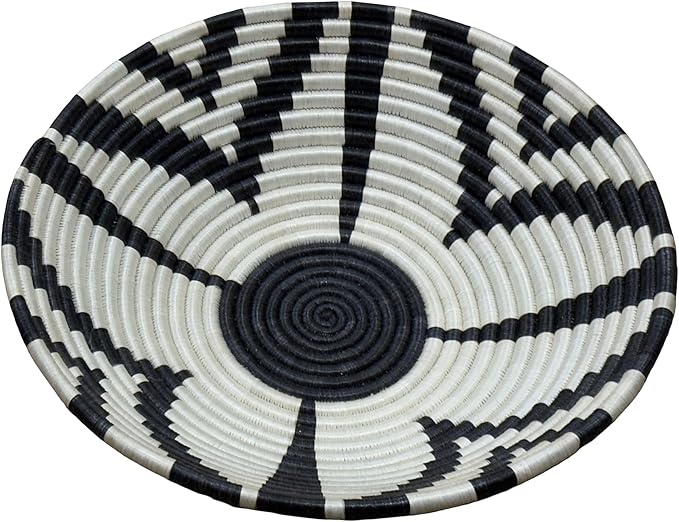 Handwoven African Basket Handmade sisal Fruit Bowl Wall Hanging decorative Baskets for Home Living Room Kitchen Centerpiece Zen Designs Arts and Crafts (Black Natural Floral, 10in diameter)