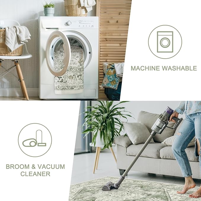 LIVEBOX Washable Area Rug 5x7 - Large Vintage Tribal Living Room Rug Vintage Non-Slip Indoor Rugs for Bedroom, Low-Pile Retro Carpet Print Distressed Accent Rugs for Nursery Entryway Office, Sage