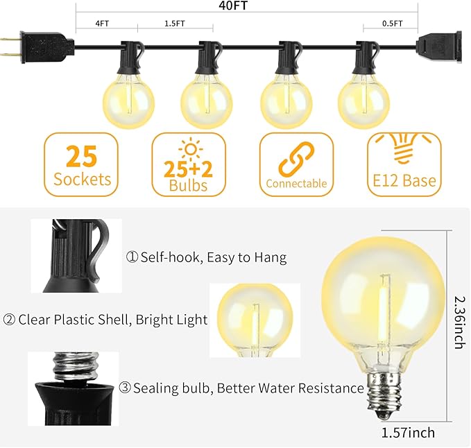 40FT LED Outdoor String Lights Waterproof, G40 LED Globe Outdoor Lights for Patio with 27 Edison Vintage Shatterproof Bulbs, Connectable Backyard Light for Garden, Bistro, Porch, Cafe