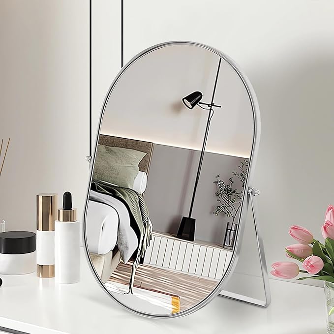 Vanity Makeup Mirror for Desk with Metal Stand Tabletop Mount Makeup Oval Mirrors 90°Adjustable Rotation Portable Cosmetic Mirror for Travel Bedroom,Office, Dresser,Countertop