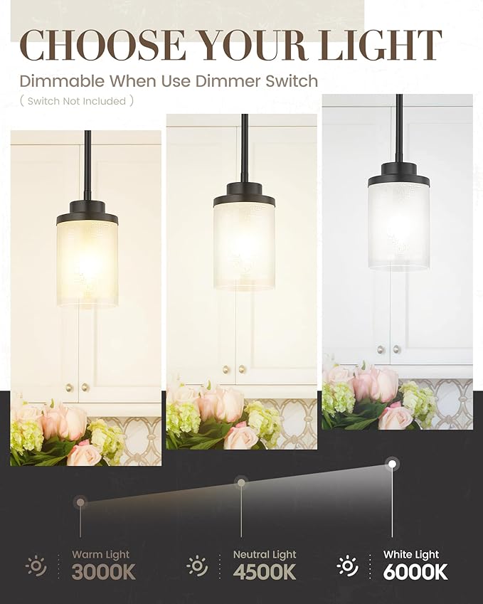 TENGXIN Modern Pendant Light, Matte Black Pendant Lights Kitchen Island,Farmhouse Pendant Lighting for Dining Room Bedroom Bar Office 2Pack,TXPLBK01-2PK