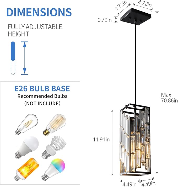 Black Pendant Lighting Modern Pendant Light, Mini Crystal Chandeliers,Adjustable Pendant Light Fixture for Kitchen Island Dinning Room Bedroom (3 Pack)