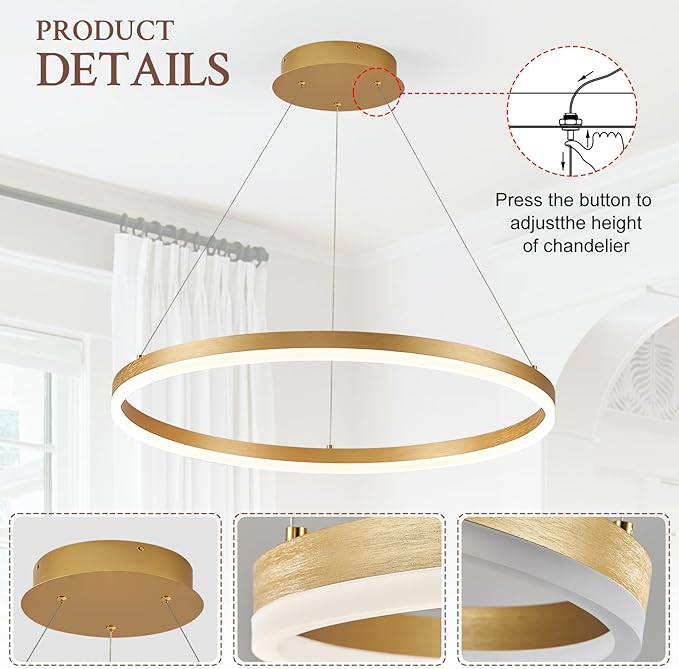 Modern LED Pendant Lighting 24'' Ring Chandelier Gold Dimmable LED Chandelier for Dining Room 36W Adjustable Pendant Light Fixture for Living Room Bedroom Home Office Foyer, 3000-6500K