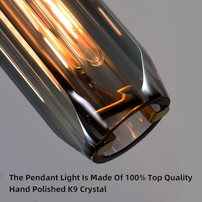 Modern K9 Crystal Kitchen Island Pendant Light,14.95'' Black Long Crystal Pendant Light,1 Light Indoor Crystal Pendant Light, for Kitchen Dining Bathroom Bedroom,Included 2 Bulb