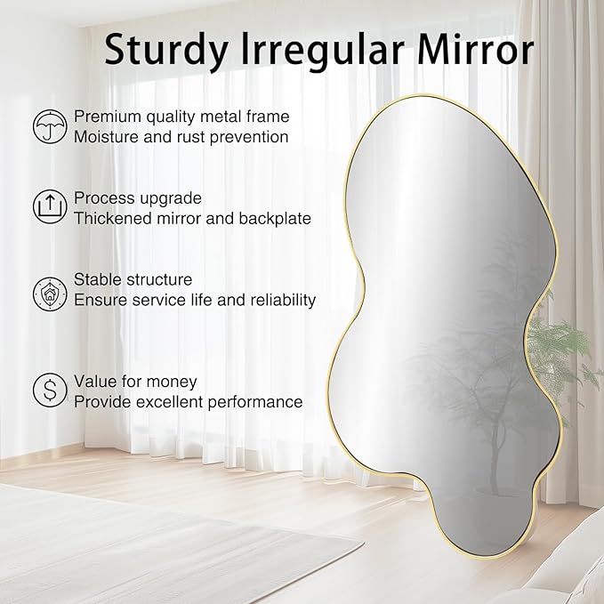 Gold Irregular Mirror, 23.6"x46.5" Asymmetrical Wall Mirror, Large Waved Mirrors with Metal Frame, Cloud Shaped Mirrors for Living Room Bathroom Bedroom Hallway Entryway Fireplace