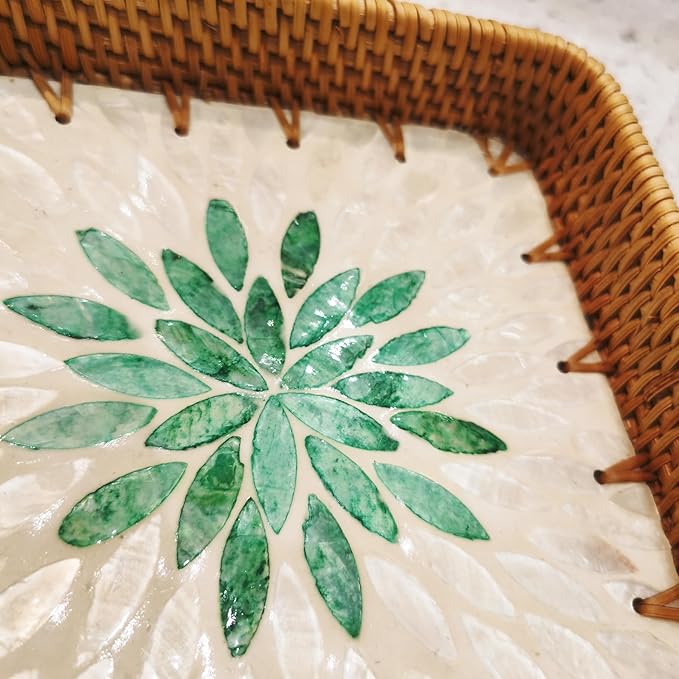 i-lan Set of 3 15 Inch Rattan Woven Serving Tray Basket with Handles and MOP Wooden Base, Boho Wicker Coffee Table Décor Serving Tray with 2 Inch Wall, Handmade Display Basket for Everywhere