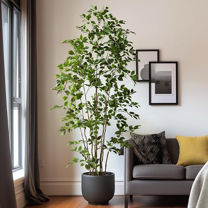 Artificial Ficus Tree Indoor 8ft, Large Potted Faux Tree with Realistic Silk Leaves & Trunk for Home Office, Living Room Corner Decor