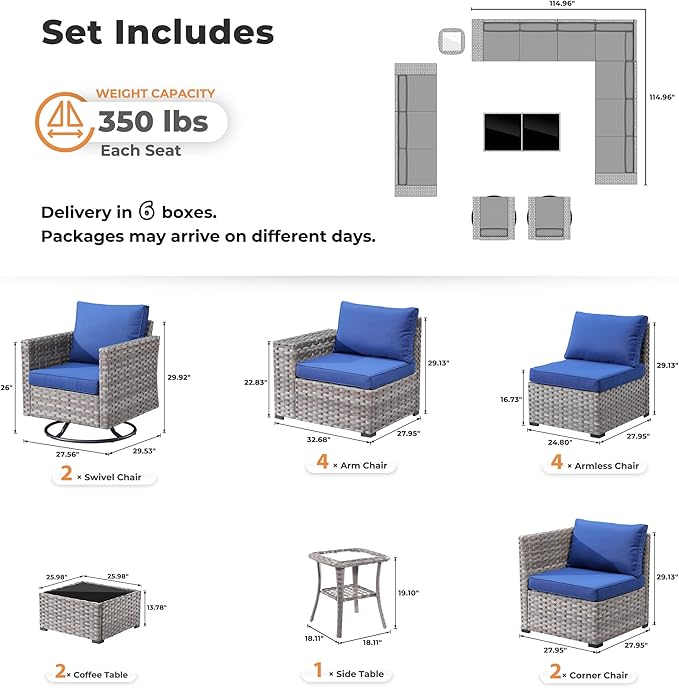 ovios 15 Pieces Patio Furniture Set, Outdoor Wicker Sectional Sofa with Swivel Chairs Coffee Table, Modern Modular Deep Seat Rattan Couch Conversation Sets, Navy Blue