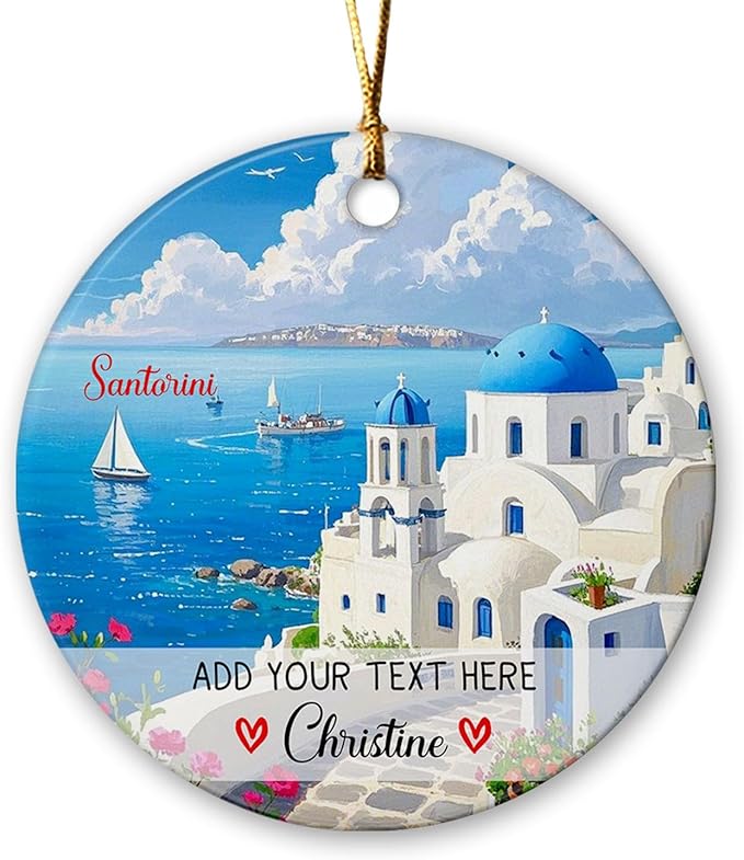 Santorini Greece Ceramic Christmas Ornament 2025, Personalized Santorini Greece Vacation Trip Ornaments, Custom Name/Text Beach Travel Xmas Tree Decorations, Thira Thira Island Ornaments for Mom Dad