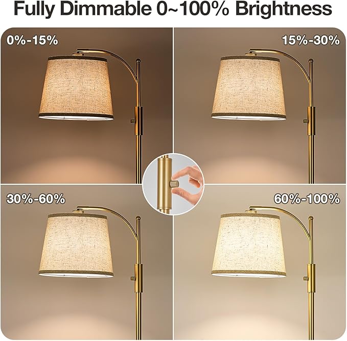 AIDENOEY Fully Dimmable Floor Lamp for Living Room，Standing Lamp Rotary Switch with Linen Beige Shade，Golden Tall Lamps for Bedroom with Adjust Head，9W LED Bulb Included
