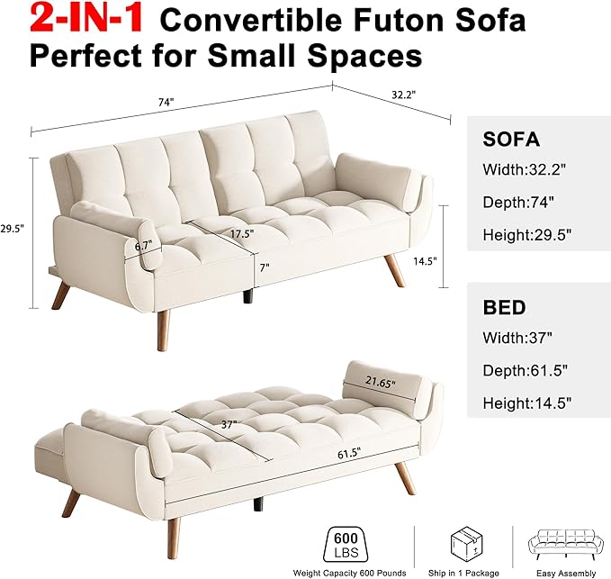 Futon Couch for Small Spaces & Apartment, 2-in-1Modern Comfy Loveseat Convertible Sofa Bed, 75.4-Inch Compact Design for Living Room, Dorms, and Studios-Ivory