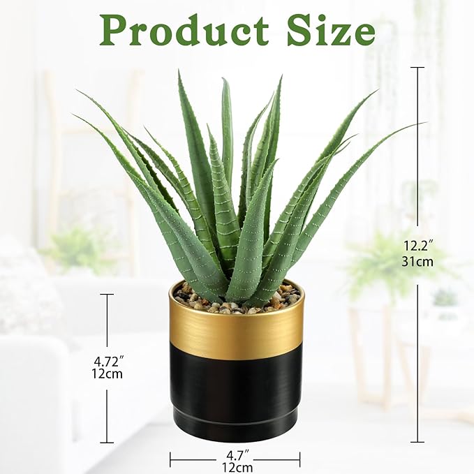Briful Succulents Artificial Plants Realistic Agave Plant, Gold Black Metal Pot, Farmhouse Aloe Vera Fake Plants for Home Office Desk Bathroom Shelf Decorations