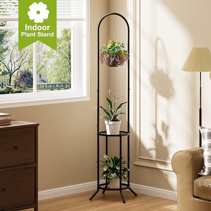 Plant Stand with Hooks Indoor Outdoor Corner Tall Plant Stand Heavy-Duty Metal 3-Tier Plant Shelf Holder Rack for Patio Garden Balcony Living Room Bedroom(circular Black)