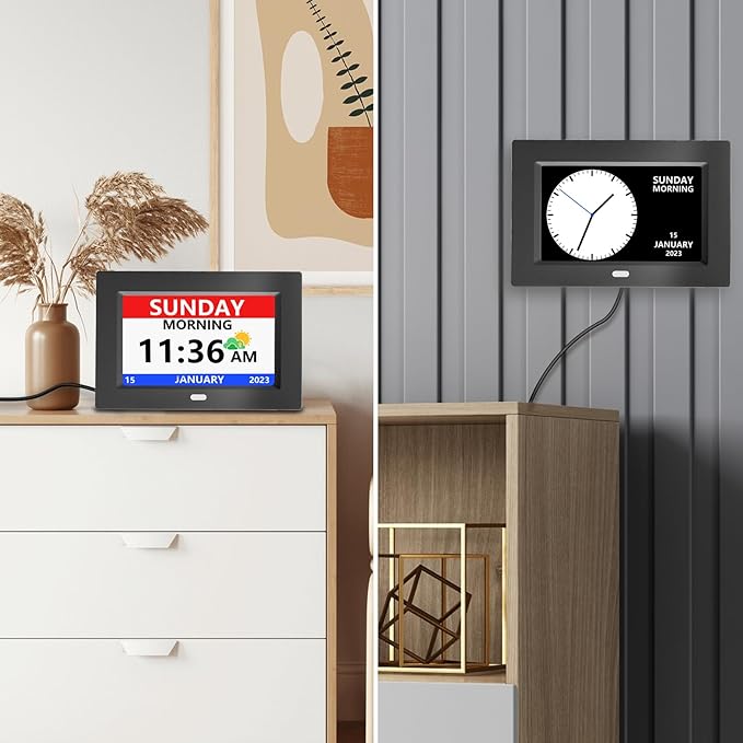 7 Inch Digital Clock with Day and Date for Elderly Alzheimer's Clock Customizable Alarms 3 Display Modes Large Font Alarm Clock for Seniors Auto DST Black