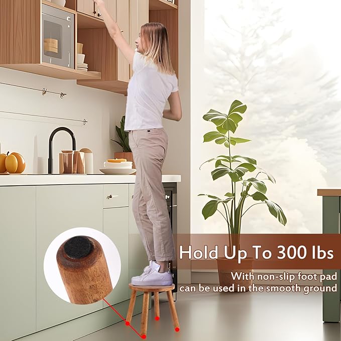 Round Solid Wooden Step Stool Garden Stool 15.8''H Plant Stool Wood Legs Detachable for Plant Stand, Kitchen, Bathroom Bedroom Livingroom (Walnut, 15.8inch)