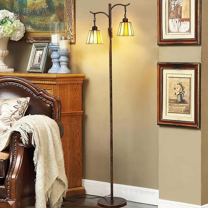 Vintage Dimmable Floor Lamp, Tiffany Standing Lamp with 2 Stained Glass Shades, Rustic Farmhouse Floor Lamp with Bronze Finish for Living Room Bedroom