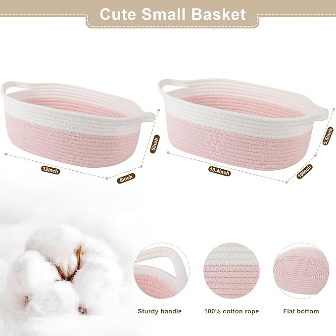 OIAHOMY Gift Basket Empty with Handle, 12"x 8"x 5" Small Woven Basket with Gift Bag, Ribbon and Wrap Tissue Paper, Dog Toy Storage for Organizing - Pink & White