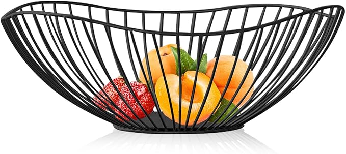 Metal Wire Fruit Basket, Black Fruit Bowl for Kitchen Counter, Fruit Holder Stand Storage Baskets for Countertop, Home Decor, Table Centerpieces, Vegetable Bowls for Fruits, Veggies, Snacks (Black)