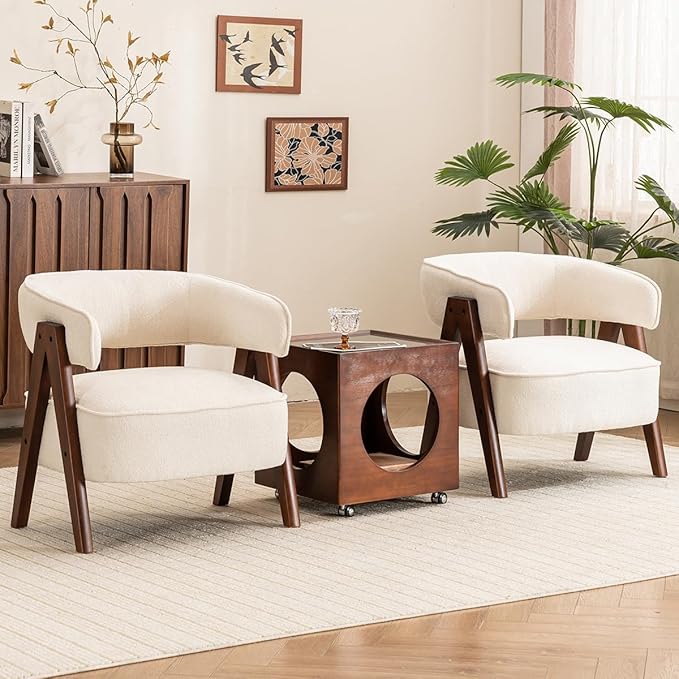 Kidol & Shellder Mid Century Accent Chair Set of 3 Comfy Fabric Modern Living Room Bedroom Chairs Upholstered Lounge Reading Armchair with Thicken Seat Cushion Wood Frame （White）