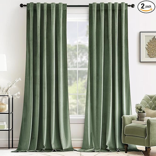 MIULEE Velvet Curtains 63 inches - Luxury Blackout Curtains for Bedroom Living Room Thermal Insulated Super Soft Window Drapes Rod Pocket & Back Tab, Sage Green, W52 x L63 inches, 2 Panels