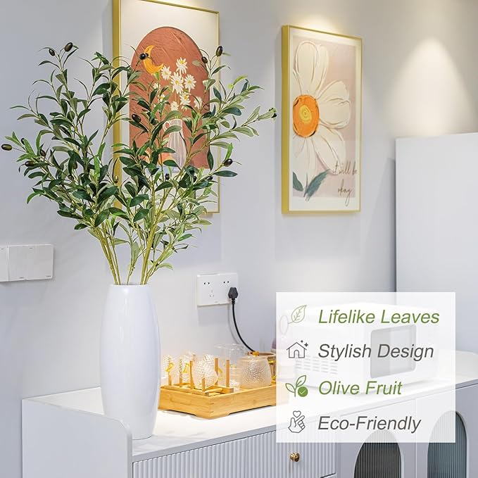39 Inch Artificial Olive Branches for Vases, Fake Plants Greenery Stems with 222 Leaves Faux Olive Tree Branches Home Decor Indoor 4PCS
