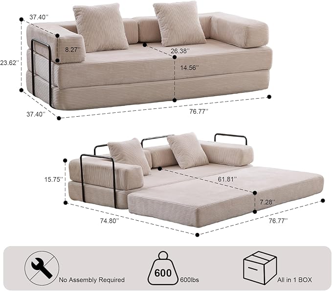 Convertible Folding Mattress Couch, Floor Sofa Bed with Fixed-Shape Frame, Corduroy Floor Sofa with Armrest, Floor Sofa Lounge Couch for Living Room Bedroom Lounge Studio-Clay Beige