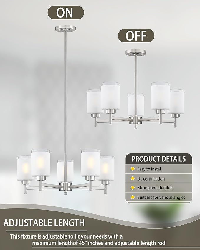 Doraimi Lighting 5 Light Chandelier Brushed Nickel Finish,Classic Style Ceiling Pendant Light Clear Frosted Glass Shade Fixture for Meeting Room Dining Room Over Table Living Room