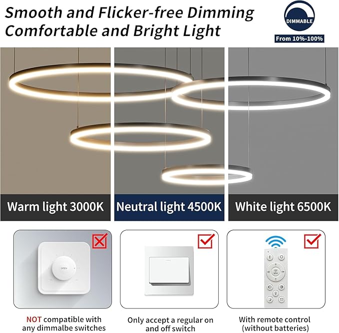 4-Ring Dimmable LED Chandelier for Dining Room, Circular Black Modern Pendant Lights, Adjustable Hanging Ceiling Lamp Fixture for Kitchen Island, Living Room, Foyer, Bedroom with Remote Control