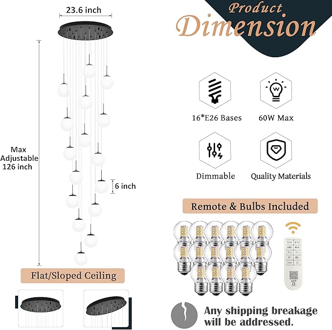 KoKo&Yukina 16-Light Black Mid Century Modern Chandelier for Living Room Staircase Chandelier for Entryway Globe Milky White Glass Pendant Light High Ceiling Chandeliers Foyer (Bulb & Remote Incl.)