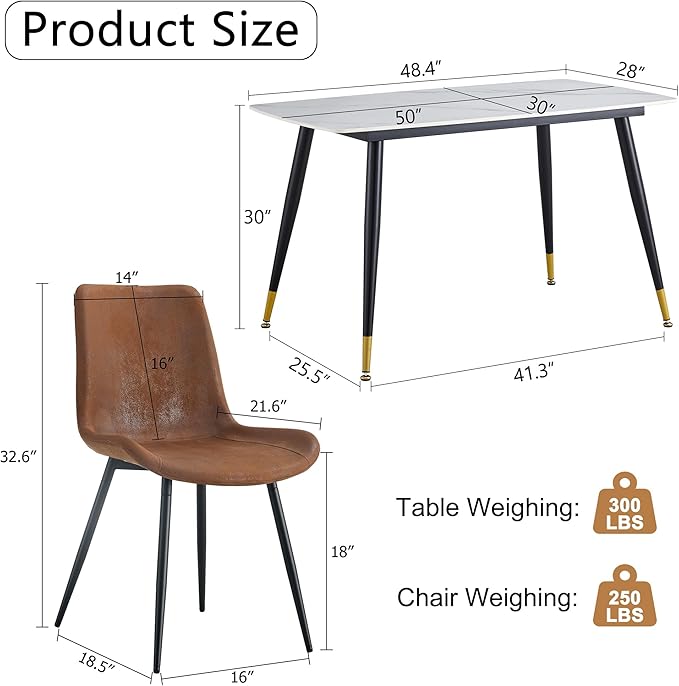 Modern Dining Table Set for 4, 50" Sintered Stone Kitchen Table and 4 Upholstered Suede Leather Chair Dining Room Table Set for 4(1White Table and Brown Chairs Set of 4)