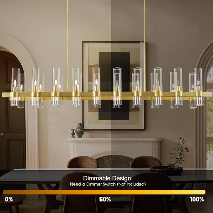Modern Gold Linear Chandelier for Dining Room, 68'' Rectangular Dining Chandeliers Over Dining Table 20 Light, Linear Chandelier Lighting Fixture with Glass over Kitchen Island, Includes Bulbs