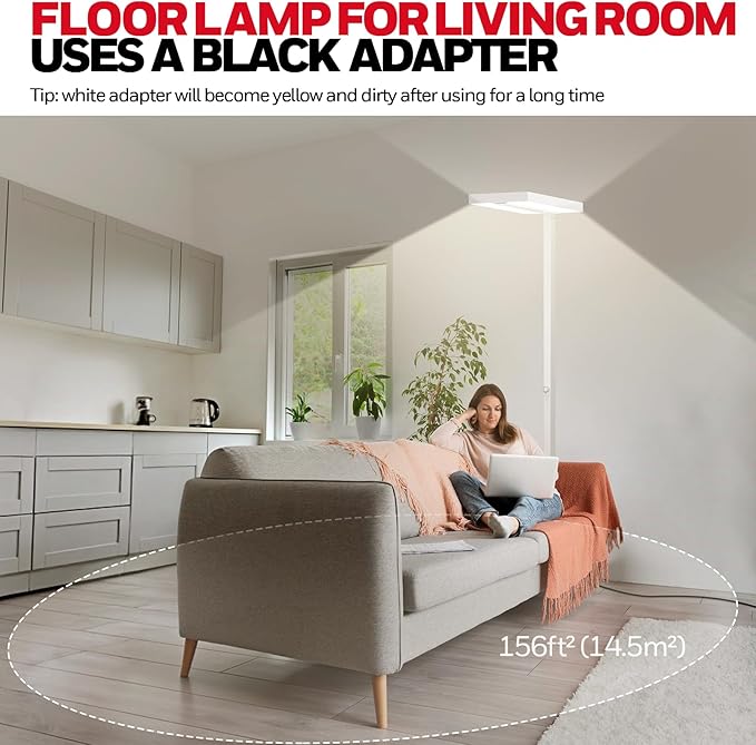 Honeywell 8000LM LED Floor Lamp, 02E Gen Sunturalux Eye-Caring Reading Standing Light, 80W Modern Natural Daylight 4000K Dimmable 77" Tall Floor Lamps for Living Room for Kids Study Home Office White