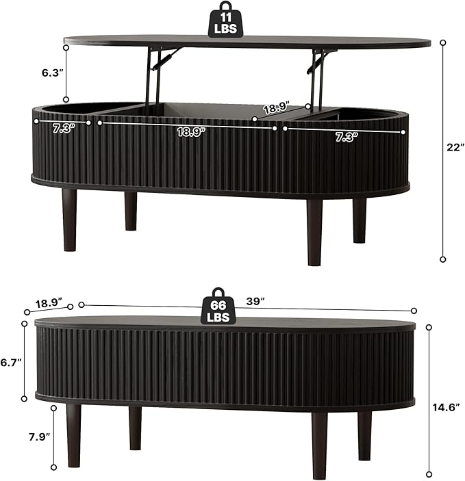 EAG Fluted Lift Top Coffee Table with Hidden Compartment, 39 Inch Modern Oval Coffee Table with 3 Storage, Fully Wooden Assembled Center Table for Living Room, Office, Black