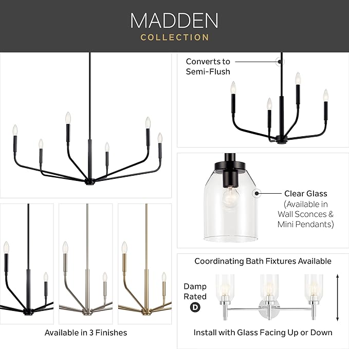 KICHLER Madden 1-Light Mini Pendant with Clear Glass in Chrome, Sloped Ceiling Compatible, for Bathroom or Kitchen (15" x 7"), 52725CH