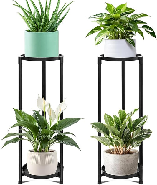 2 Tier Plant Stand Indoor, Black Corner Tiered Tall Plant Stand for Outdoor Multiple Plants, Metal Flower Pot Stands Holders Plant Display Shelf for Balcony Living Room Garden Patio(2Pcs)