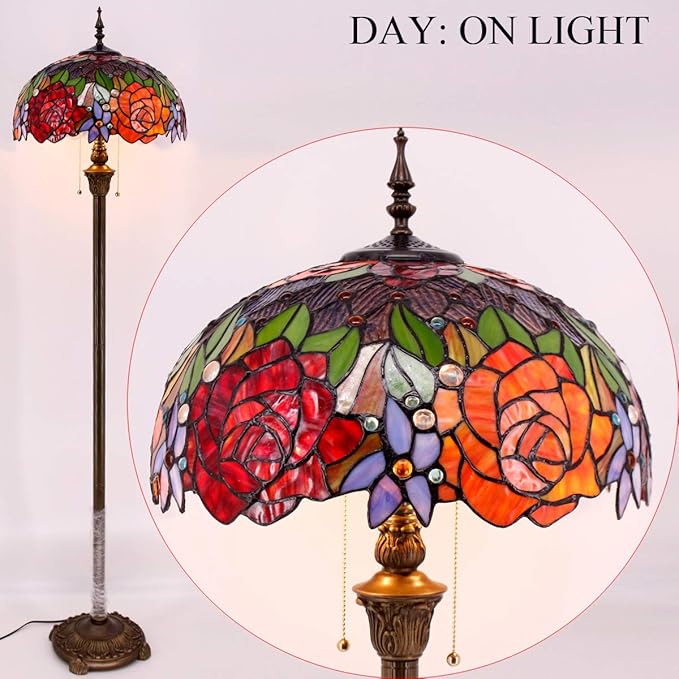 WERFACTORY Tiffany Floor Lamp Red Yellow Rose Stained Glass Standing Reading Light 16X16X64 Inches Antique Pole Corner Lamp Decor Bedroom Living Room Home Office S001 Series