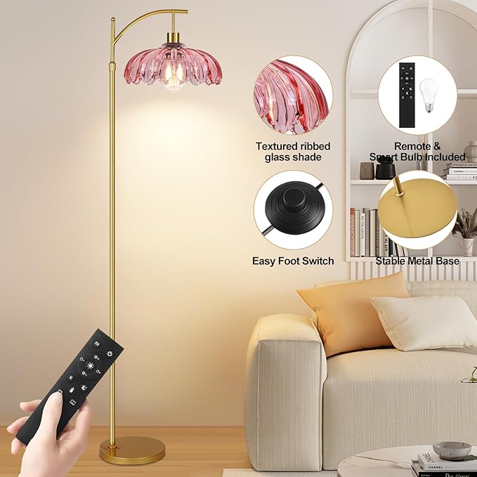 Floor Lamp for Living Room,Bedroom,Gold Dimmable Standing Lamp with Remote,Mid Century Modern Brass Tall Lamp Retro Vintage Pink Glass Lamp Floor Light Boho Bohemian