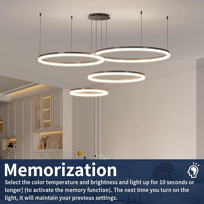 4-Ring Dimmable LED Chandelier for Dining Room, Circular Black Modern Pendant Lights, Adjustable Hanging Ceiling Lamp Fixture for Kitchen Island, Living Room, Foyer, Bedroom with Remote Control