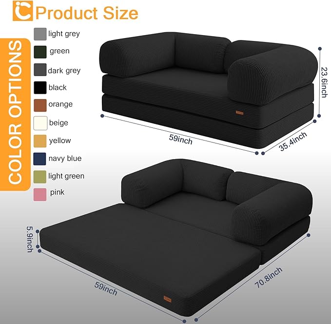 COMAX Folding Sofa Bed Queen, 4-in-1 Foldable Floor Couch Convertible Futon Sofa with Armrests Sleeper Mattress Chair Bed Comfy Portable Fold Out Lounge Guest for Living Room Bedroom, Black