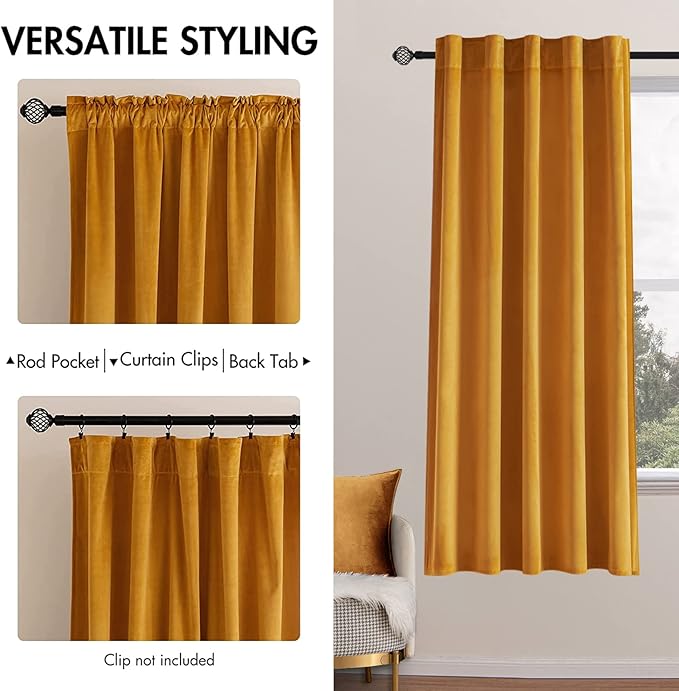 MIULEE Velvet Curtains 63 inch Length 2 Panels - Luxury Blackout Curtains for Bedroom Living Room Thermal Insulated Fall Decor Super Soft Window Drapes Rod Pocket & Back Tab, Mustard Yellow
