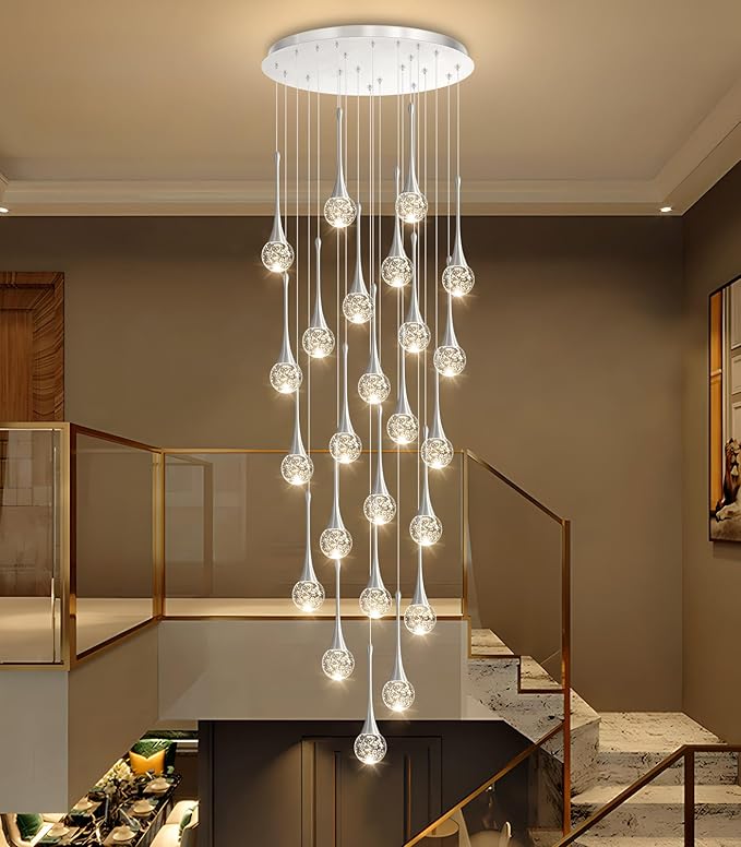 24 Light Modern Glam Crystal Chandelier for High Ceiling LED Dimmable Ceiling Pendant Light Staircase Foyer Enterway Living Room Chandelier Lighting Antique Silver
