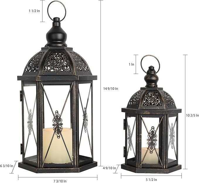 DECORKEY Large Lantern Decorative Outdoor & Indoor, Set of 2 (15’’&10’’) Metal Candle Lanterns Decor, Vintage Hanging Candle Holder for Front Porch Patio Wedding Farmhouse Home, Spring Decoration