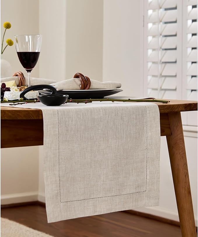 Solino Home Linen Light Natural Table Runner 72 Inches Long - 100% Pure Linen Hemstitch Table Runner 14 x 72 Inch for Dresser, Dining, Fall, Halloween, Thanksgiving, Christmas - Classic Hemstitch