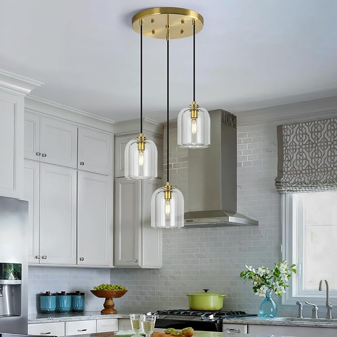 Modern Gold Pendant Lights Kitchen Island Ceiling Chandelier Indoor Crystal Hanging Light Fixtures for Dining Room Kitchen Living Room Bedroom（3Light）
