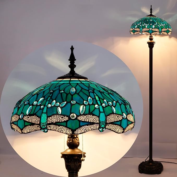 WERFACTORY Tiffany Floor Lamp Dragonfly Green Stained Glass Standing Reading Light 16X16X64 Inches Antique Pole Corner Lamp Decor Bedroom Living Room Home Office S622 Series