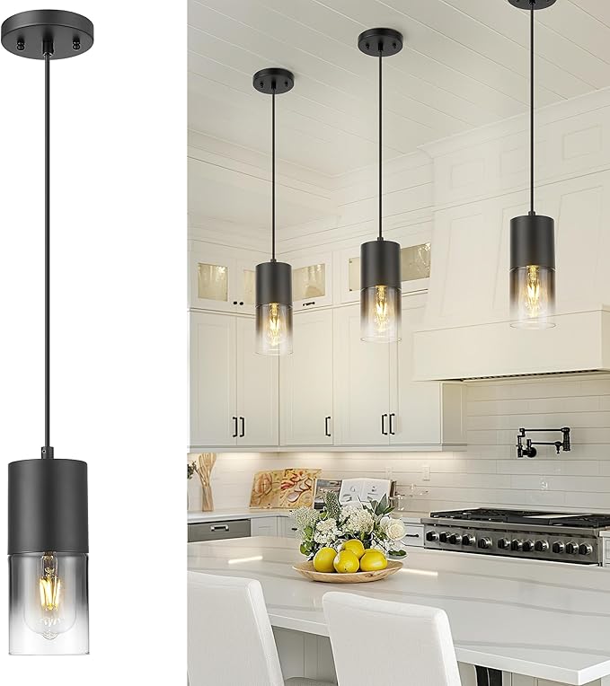 Black Pendant Lights Kitchen Island, Modern Hanging Lights Fixtures with Cylinder Black Gradient Glass, Industrial Kitchen Pendant Lighting Over Island for Dining Room, AD-24023-1P-BK-SM