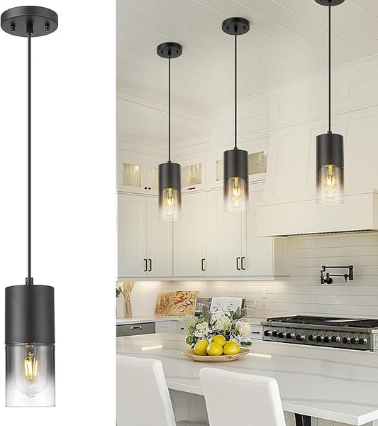 Black Pendant Lights Kitchen Island, Modern Hanging Lights Fixtures with Cylinder Black Gradient Glass, Industrial Kitchen Pendant Lighting Over Island for Dining Room, AD-24023-1P-BK-SM