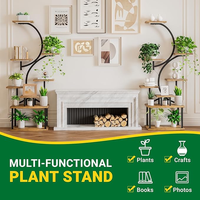 62.1" Tall Plant Stand Indoor with Grow Lights, 8 Tiered Metal Corner Plant Shelf Display Rack for Indoor Plants, S-Shaped Decorative Rack Large Flower Holder Stand for Living room, Patio, Bedroom